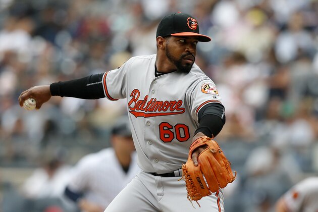 NEW YORK, NEW YORK - AUGUST 14:   Mychal Givens #60 of the Baltimore Orioles in action against the New York Yankees at Yankee Stadium on August 14, 2019 in New York City. The Yankees defeated the Orioles 6-5. (Photo by Jim McIsaac/Getty Images)