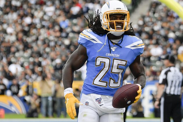 Los Angeles Chargers running back Melvin Gordon celebrates after scoring during the first half of an NFL football game against the Oakland Raiders Sunday, Dec. 22, 2019, in Carson, Calif. (AP Photo/Kelvin Kuo)