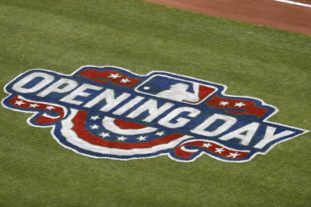 An opening day logo is displayed on the field before a baseball game between the Cincinnati Reds and the Philadelphia Phillies, Monday, April 3, 2017, in Cincinnati. (AP Photo/John Minchillo)