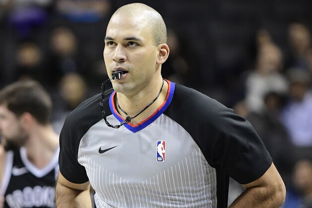 NEW YORK, NEW YORK - OCTOBER 18:  Referee Brandon Adair #67 looks on during the preseason game between the Brooklyn Nets and the Toronto Raptors at Barclays Center on October 18, 2019 in New York, New York. (Photo by Steven Ryan/Getty Images)