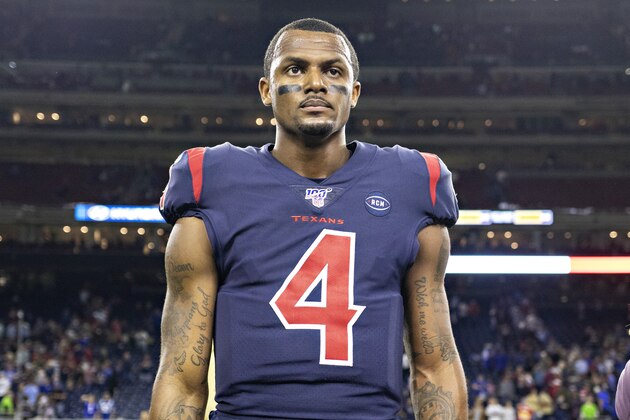 HOUSTON, TX - NOVEMBER 21:  Deshaun Watson #4 of the Houston Texans is congratulated by players after a game against the Indianapolis Colts at NRG Stadium on November 21, 2019 in Houston, Texas.  The Texans defeated the Colts 20-17. (Photo by Wesley Hitt/Getty Images)