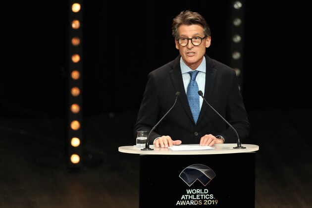 President of the International Association of Athletics Federations (IAAF) Sebastian Coe gives a speech to award the world record holders during the IAAF World Athletics Awards ceremony, on November 23, 2019, in Monaco. (Photo by Valery HACHE / AFP) (Photo by VALERY HACHE/AFP via Getty Images)