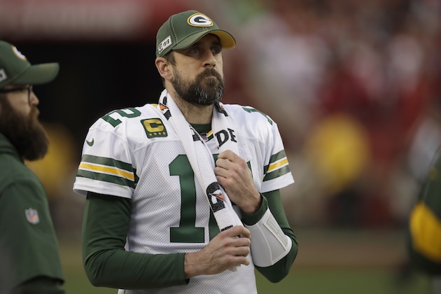 Green Bay Packers quarterback Aaron Rodgers (12) watches from the sideline during the first half of the NFL NFC Championship football game against the San Francisco 49ers Sunday, Jan. 19, 2020, in Santa Clara, Calif. (AP Photo/Ben Margot)