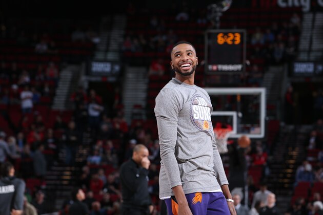 PORTLAND, OR - MARCH 10: Mikal Bridges #25 of the Phoenix Suns smiles before the game on March 10 , 2020 at the Moda Center Arena in Portland, Oregon. NOTE TO USER: User expressly acknowledges and agrees that, by downloading and or using this photograph, user is consenting to the terms and conditions of the Getty Images License Agreement. Mandatory Copyright Notice: Copyright 2020 NBAE (Photo by Sam Forencich/NBAE via Getty Images)