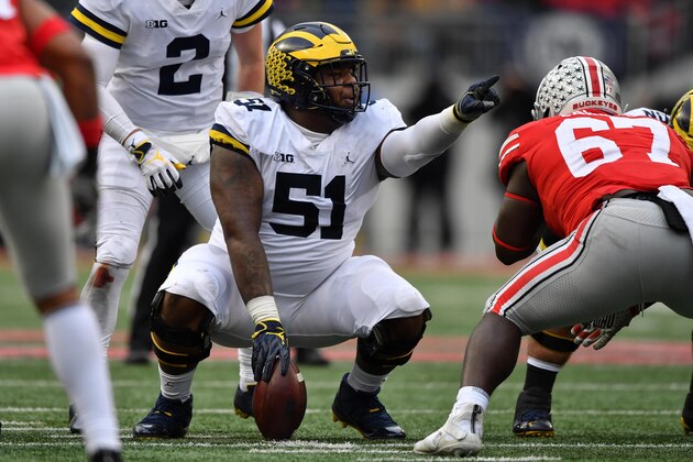 COLUMBUS, OH - NOVEMBER 24: Cesar Ruiz #51 of the Michigan Wolverines blocks against the Ohio State Buckeyes at Ohio Stadium on November 24, 2018 in Columbus, Ohio. Ohio State defeated Michigan 62-39. (Photo by Jamie Sabau/Getty Images) COLUMBUS, OH - NOVEMBER 24: Cesar Ruiz #51 of the Michigan Wolverines blocks against the Ohio State Buckeyes at Ohio Stadium on November 24, 2018 in Columbus, Ohio. Ohio State defeated Michigan 62-39. (Photo by Jamie Sabau/Getty Images)