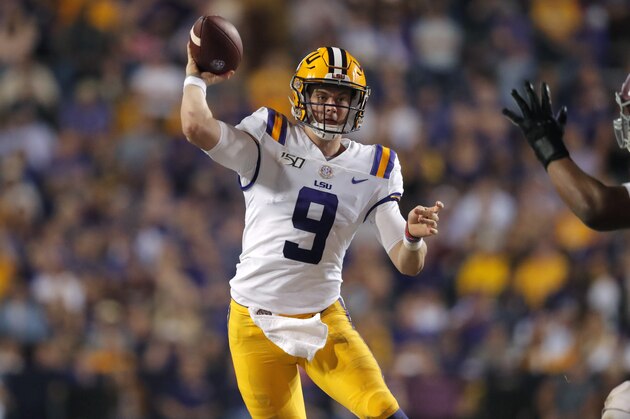 LSU quarterback Joe Burrow (9) passes in the second half of an NCAA college football game against Texas A&M in Baton Rouge, La., Saturday, Nov. 30, 2019. LSU won 50-7. (AP Photo/Gerald Herbert)