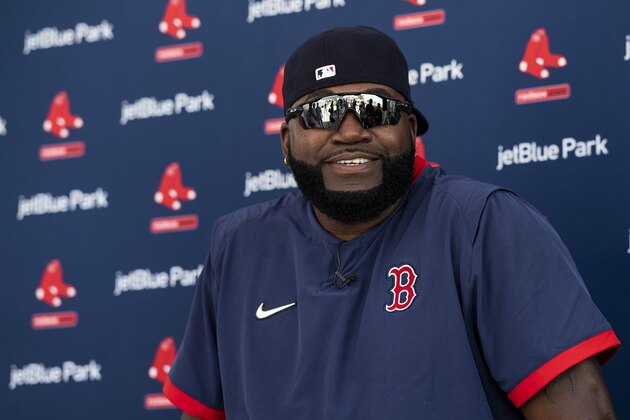 FT. MYERS, FL - FEBRUARY 20: Former designated hitter David Ortiz of the Boston Red Sox speaks to the media during a press conference during a team workout on February 20, 2020 at jetBlue Park at Fenway South in Fort Myers, Florida. (Photo by Billie Weiss/Boston Red Sox/Getty Images)