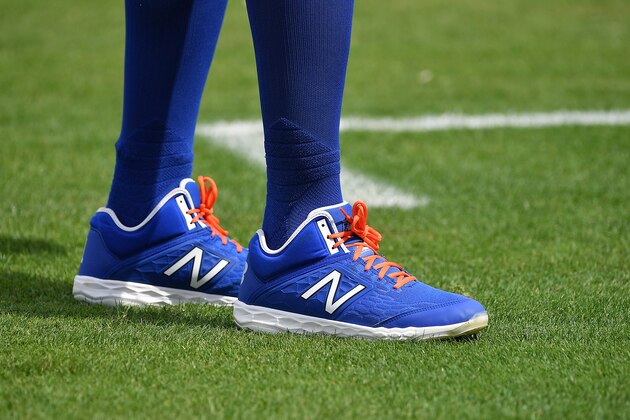 PORT ST. LUCIE, FLORIDA - MARCH 03: A detailed view of the New Balance cleats worn by Amed Rosario #1 of the New York Mets during the spring training game against the Miami Marlins at Clover Park on March 03, 2020 in Port St. Lucie, Florida. (Photo by Mark Brown/Getty Images)