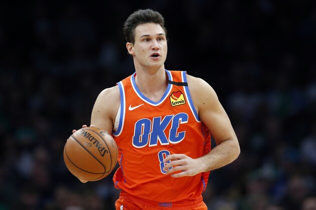 Oklahoma City Thunder's Danilo Gallinari plays against the Boston Celtics during an NBA basketball game, Sunday, March, 8, 2020, in Boston. (AP Photo/Michael Dwyer)