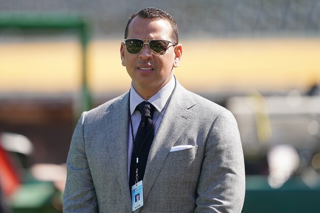 OAKLAND, CA - OCTOBER 02:  Baseball analyst and former player Alex Rodriguez looks on during batting practice prior to the start of the American League WildCard Game between the Tampa Bay Rays and Oakland Athletics at RingCentral Coliseum on October 2, 2019 in Oakland, California.  (Photo by Thearon W. Henderson/Getty Images)