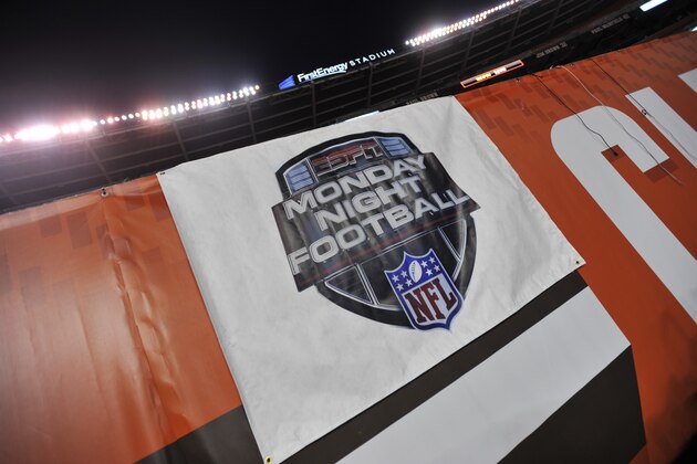 A general view of a Monday Night Football sign prior to an NFL football game between the Cleveland Browns and the Baltimore Ravens Monday, Nov. 30, 2015, in Cleveland. Baltimore won 33-27. (AP Photo/David Richard)