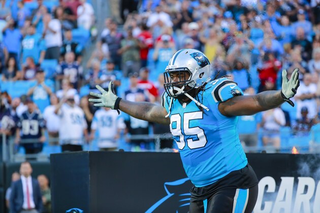 Carolina Panthers nose tackle Dontari Poe (95) is introduced against the New England Patriots during an NFL game in Charlotte, N.C. on Friday, Aug. 24, 2018. (Chris Keane/AP Images for Panini) Carolina Panthers nose tackle Dontari Poe (95) is introduced against the New England Patriots during an NFL game in Charlotte, N.C. on Friday, Aug. 24, 2018. (Chris Keane/AP Images for Panini)