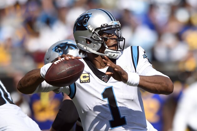 Carolina Panthers quarterback Cam Newton (1) looks to pass against the Los Angeles Rams during the second half of an NFL football game in Charlotte, N.C., Sunday, Sept. 8, 2019. (AP Photo/Mike McCarn)
