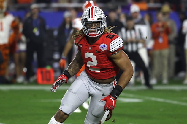 Ohio State defensive end Chase Young (2) during the first half of the Fiesta Bowl NCAA college football game against Clemson, Saturday, Dec. 28, 2019, in Glendale, Ariz. (AP Photo/Rick Scuteri).