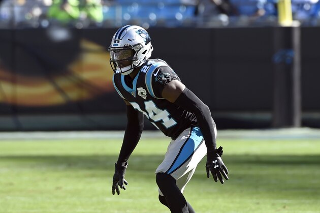 Carolina Panthers cornerback James Bradberry (24) sets up during the first half of an NFL football game against the Seattle Seahawks in Charlotte, N.C., Sunday, Dec. 15, 2019. (AP Photo/Mike McCarn)