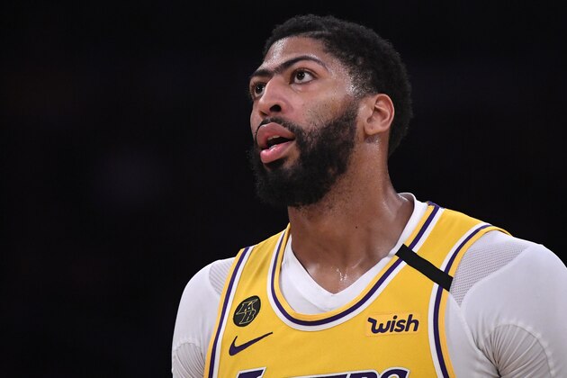 Los Angeles Lakers forward Anthony Davis stands on the court during the second half of an NBA basketball game against the Memphis Grizzlies Friday, Feb. 21, 2020, in Los Angeles. The Lakers won 117-105. (AP Photo/Mark J. Terrill) Los Angeles Lakers forward Anthony Davis stands on the court during the second half of an NBA basketball game against the Memphis Grizzlies Friday, Feb. 21, 2020, in Los Angeles. The Lakers won 117-105. (AP Photo/Mark J. Terrill)