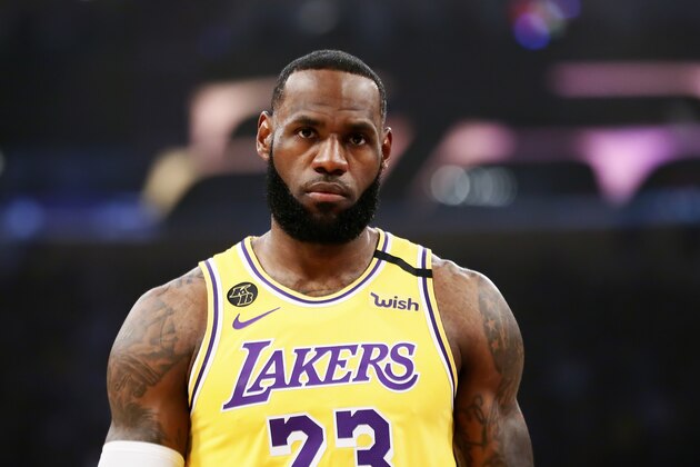 LOS ANGELES, CA - MARCH 10: LeBron James #23 of the Los Angeles Lakers looks on during a game against the Brooklyn Nets at the Staples Center on March 10, 2020 in Los Angeles, CA. NOTE TO USER: User expressly acknowledges and agrees that, by downloading and or using this photograph, User is consenting to the terms and conditions of the Getty Images License Agreement. Mandatory Credit: 2020 NBAE (Photo by Chris Elise/NBAE via Getty Images)