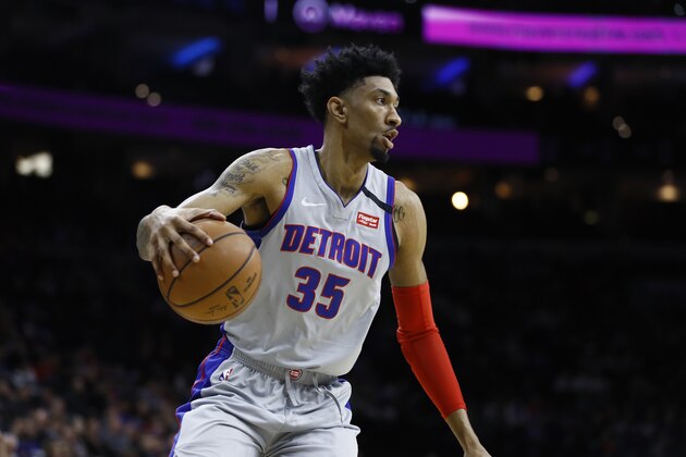 Detroit Pistons' Christian Wood plays during an NBA basketball game against the Philadelphia 76ers, Wednesday, March 11, 2020, in Philadelphia. (AP Photo/Matt Slocum)