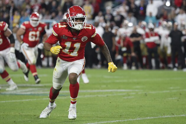 Kansas City Chiefs wide receiver Demarcus Robinson (11) in action during the second half of the NFL Super Bowl 54 football game between the San Francisco 49ers and Kansas City Chiefs Sunday, Feb. 2, 2020, in Miami Gardens, Fla. The Kansas City Chiefs won 31-20. (AP Photo/Steve Luciano)