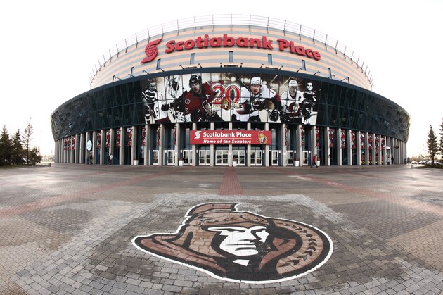 OTTAWA, CANADA - OCTOBER 20: Exterior view of Scotiabank Place during daylight, with the team logo in the foreground, prior of start of an NHL game between the Ottawa Senators and the Winnipeg Jets, on October 20, 2011 in Ottawa, Ontario, Canada. (Photo by Jana Chytilova/Freestyle Photography/Getty Images)
