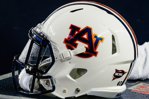 COLLEGE STATION, TX - NOVEMBER 07:  Auburn Tigers helmet sits on the bench at Kyle Field on November 7, 2015 in College Station, Texas.  (Photo by Bob Levey/Getty Images)