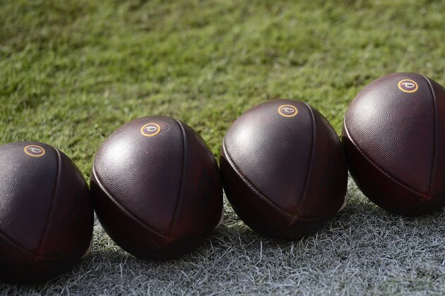 LANDOVER, MD - DECEMBER 22: A general view of official NFL footballs with Washington Redskins logos near the pylon before the game between the New York Giants and Redskins at FedExField on December 22, 2019 in Landover, Maryland. (Photo by Patrick McDermott/Getty Images)