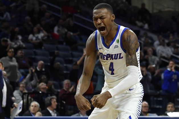 CHICAGO, ILLINOIS - FEBRUARY 04: Paul Reed #4 of the DePaul Blue Demons reacts after scoring in the second half against the Xavier Musketeers at Wintrust Arena on February 04, 2020 in Chicago, Illinois. (Photo by Quinn Harris/Getty Images)
