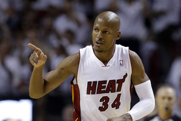 FILE - In a Friday, May 30, 2014 file photo, Miami Heat guard Ray Allen gestures after scoring a three-point basket during the first half Game 6 in the NBA basketball playoffs Eastern Conference finals against the Indiana Pacers, in Miami. Two-time NBA MVP Steve Nash, fellow star point guard Jason Kidd, Grant Hill and Ray Allen are among six first-year candidates for the Naismith Memorial Basketball Hall of Fame.  (AP Photo/Lynne Sladky, File)