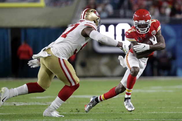 Kansas City Chiefs' Mecole Hardman (17) runs against San Francisco 49ers' Dre Greenlaw during the first half of the NFL Super Bowl 54 football game Sunday, Feb. 2, 2020, in Miami Gardens, Fla. (AP Photo/Wilfredo Lee)