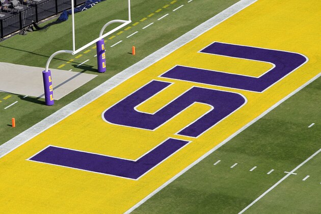 BATON ROUGE, LA - OCTOBER 22:  A detail of the logo on the field of the LSU Tigers prior to the the game against the Auburn Tigers at Tiger Stadium on October 22, 2011 in Baton Rouge, Louisiana.  (Photo by Jamie Squire/Getty Images)