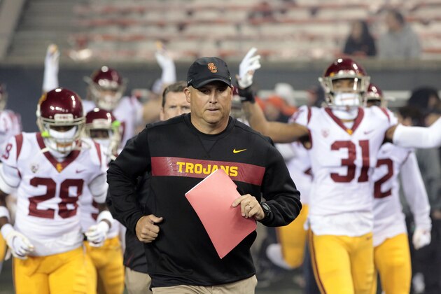 FILE - In this Nov. 3, 2018, file photo, Southern California head coach Clay Helton leads his team onto the field before an NCAA college football game in Corvallis, Ore. Helton has told his players not to worry about his job security as they head into the final two games of their 5-5 regular season. Helton realizes fans are unhappy just one season after he led the Trojans to the Pac-12 title.  (AP Photo/Timothy J. Gonzalez, File)