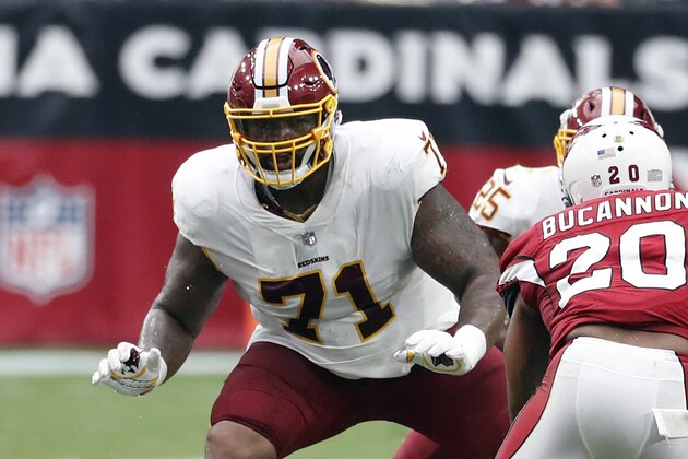 FILE - In this Sept. 9, 2018, file photo, Washington Redskins offensive tackle Trent Williams (71) is shown in action during an NFL football game against the Arizona Cardinals, in Glendale, Ariz. A franchise known for the
