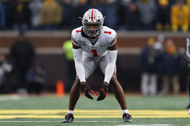 Ohio State cornerback Jeff Okudah plays against Michigan in the second half of an NCAA college football game in Ann Arbor, Mich., Saturday, Nov. 30, 2019. (AP Photo/Paul Sancya)