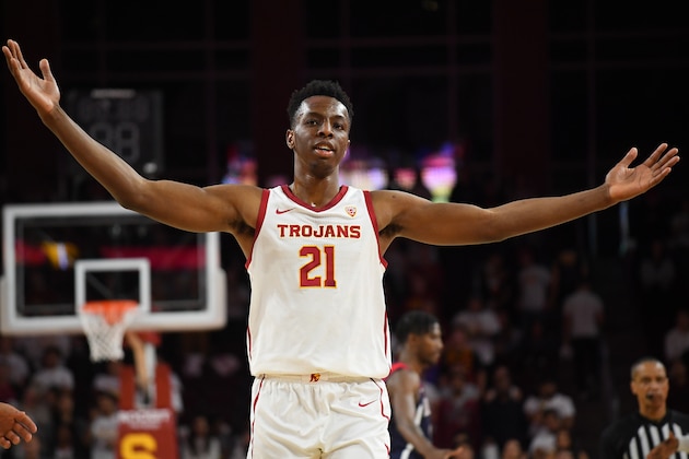 LOS ANGELES, CA - FEBRUARY 27:  Onyeka Okongwu #21 of the USC Trojans acknowledges the crowd after defeating the Arizona Wildcats 57-48 at Galen Center on February 27, 2020 in Los Angeles, California. (Photo by Jayne Kamin-Oncea/Getty Images)