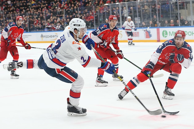 MOSCOW, RUSSIA - JANUARY 21: Artyom Zub #2 of the SKA Saint Petersburg battles for the puck against  Klas Dahlback #6 of the CSKA at the Arena CSKA Moscow on January 21, 2020 in Moscow, Russia. The CSKA defeated the SKA Saint Petersburg 3-2. (Photo by Anna Sergeeva/ Getty Images)