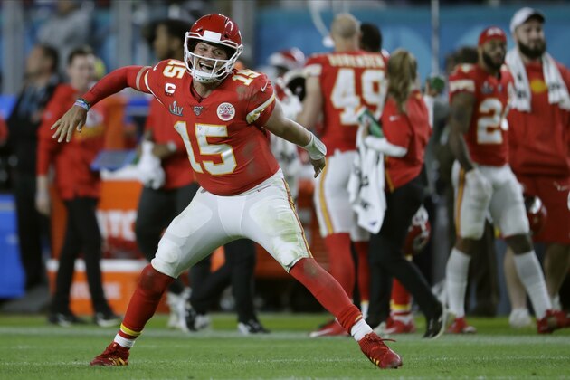Kansas City Chiefs' quarterback Patrick Mahomes celebrates his touchdown pass to Damien Williams in the the second half of the NFL Super Bowl 54 football game Sunday, Feb. 2, 2020, in Miami Gardens, Fla. (AP Photo/John Bazemore) Kansas City Chiefs' quarterback Patrick Mahomes celebrates his touchdown pass to Damien Williams in the the second half of the NFL Super Bowl 54 football game Sunday, Feb. 2, 2020, in Miami Gardens, Fla. (AP Photo/John Bazemore)