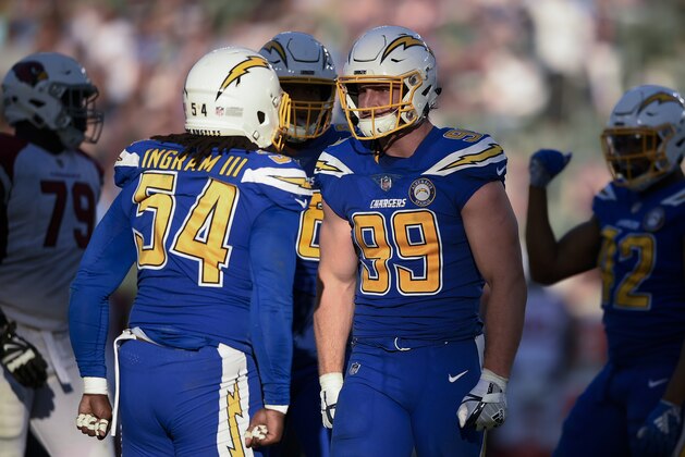 FILE - In this Nov. 25, 2018, file photo, Los Angeles Chargers defensive end Joey Bosa celebrates with defensive end Melvin Ingram after a sack against the Arizona Cardinals during the second half of an NFL football game Sunday, Nov. 25, 2018, in Carson, Calif. The two should team up to give opposing offensive lines fits. Ingram led the team with seven sacks and Bosa was second with 5 1/2 despite missing nine games due to turf toe. (AP Photo/Kelvin Kuo, File) FILE - In this Nov. 25, 2018, file photo, Los Angeles Chargers defensive end Joey Bosa celebrates with defensive end Melvin Ingram after a sack against the Arizona Cardinals during the second half of an NFL football game Sunday, Nov. 25, 2018, in Carson, Calif. The two should team up to give opposing offensive lines fits. Ingram led the team with seven sacks and Bosa was second with 5 1/2 despite missing nine games due to turf toe. (AP Photo/Kelvin Kuo, File)