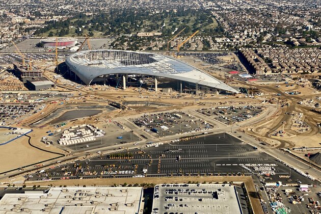 Aerial view of the SoFi Stadium, still under construction, future home of the Rams and Chargers in Inglewood, California on February 6, 2020. (Photo by Daniel SLIM / AFP) (Photo by DANIEL SLIM/AFP via Getty Images)