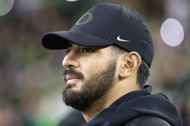 EUGENE, OREGON - NOVEMBER 16: Former Oregon Ducks quarterback Marcus Mariota watches play between the Oregon Ducks and Arizona Wildcats during their game at Autzen Stadium on November 16, 2019 in Eugene, Oregon. (Photo by Abbie Parr/Getty Images)