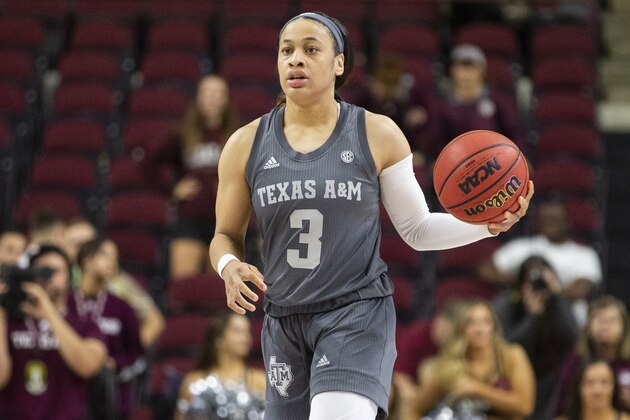 Texas A&M guard Chennedy Carter (3) brings the ball down court against Oklahoma State during an NCAA women's basketball game on Saturday, Dec. 7, 2019 in College Station, Texas. (AP Photo/Sam Craft)