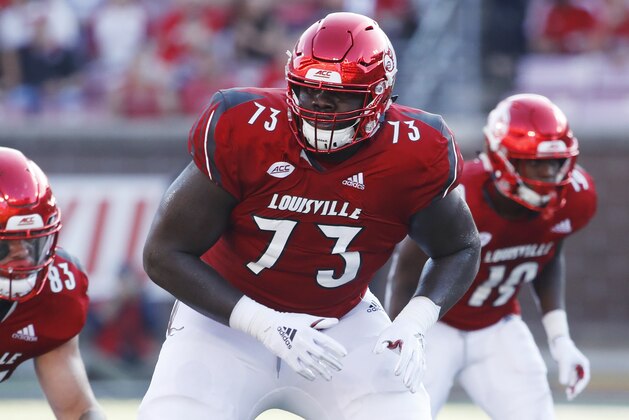 LOUISVILLE, KY - SEPTEMBER 29: Mekhi Becton #73 of the Louisville Cardinals in action during the game against the Florida State Seminoles at Cardinal Stadium on September 29, 2018 in Louisville, Kentucky. Florida State won 28-24. (Photo by Joe Robbins/Getty Images)