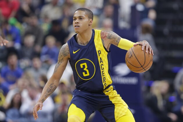 Indiana Pacers guard Joe Young (3) plays against the Atlanta Hawks during the first half of an NBA basketball game in Indianapolis, Friday, Feb. 23, 2018. (AP Photo/Michael Conroy)
