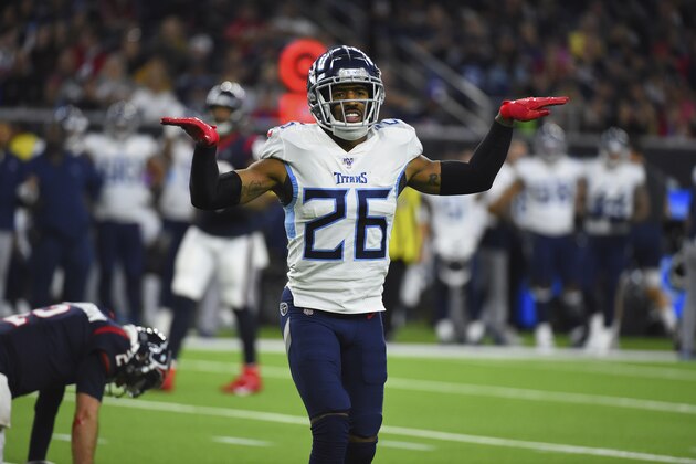 Tennessee Titans' Logan Ryan (26) celebrates after sacking Houston Texans quarterback AJ McCarron during the second half of an NFL football game Sunday, Dec. 29, 2019, in Houston. (AP Photo/Eric Christian Smith)