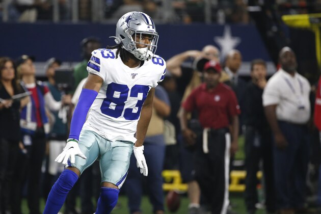 Dallas Cowboys wide receiver Ventell Bryant (83) looks on in the first half of an NFL football game against the Philadelphia Eagles in Arlington, Texas, Sunday, Oct. 20, 2019. (AP Photo/Ron Jenkins)