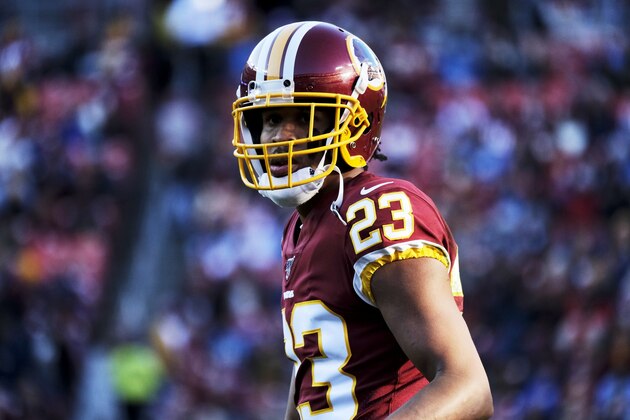 Washington Redskins cornerback Quinton Dunbar stands on the field during an NFL football game against the Detroit Lions, Sunday, Nov. 24, 2019, in Landover, Md. (AP Photo/Mark Tenally)