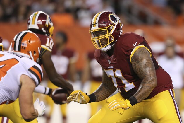 In this photo taken Aug. 13, 2015, Washington Redskins tackle Trent Williams (71) against the Cleveland Browns linebacker Scott Solomon (54) during an NFL preseason football game in Cleveland. Williams’ four-game absence is a substantial blow to the Washington Redskins’ playoff hopes, as eager as they are to move past his suspension. The Pro Bowl left tackle is out the next four games for violating the NFL’s substance abuse policy. (AP Photo/Ron Schwane)
