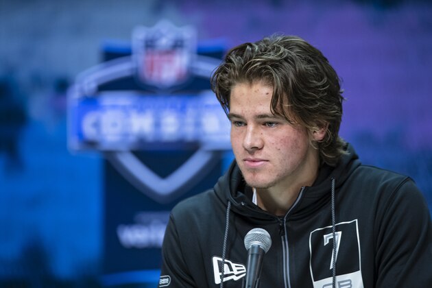 INDIANAPOLIS, IN - FEBRUARY 25: Justin Herbert #QB07 of the Oregon Ducks speaks to the media at the Indiana Convention Center on February 25, 2020 in Indianapolis, Indiana. (Photo by Michael Hickey/Getty Images) *** Local Capture *** Justin Herbert