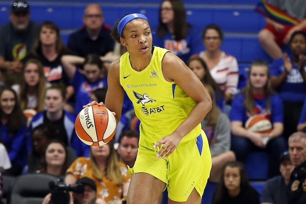 ARLINGTON, TX - JUNE 20: Imani McGee Stafford #34 of the Dallas Wings handles the ball during the game against the Phoenix Mercury on June 20, 2019 at the College Park Arena in Arlington, Texas.  NOTE TO USER: User expressly acknowledges and agrees that, by downloading and or using this photograph, User is consenting to the terms and conditions of the Getty Images License Agreement. Mandatory Copyright Notice: Copyright 2019 NBAE  (Photo by Tim Heitman/NBAE via Getty Images)