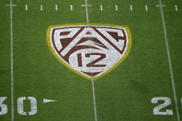PAC-12 logo at Sun Devil Stadium during second half of an NCAA college football game between Arizona State and Kent State, Thursday, Aug. 29, 2019, in Tempe, Ariz. (AP Photo/Ralph Freso)