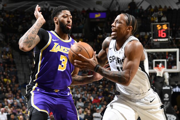 SAN ANTONIO, TX - NOVEMBER 3: DeMar DeRozan #10 of the San Antonio Spurs drives to the basket against Anthony Davis #3 of the Los Angeles Lakers on November 3, 2019 at the AT&T Center in San Antonio, Texas. NOTE TO USER: User expressly acknowledges and agrees that, by downloading and or using this photograph, user is consenting to the terms and conditions of the Getty Images License Agreement. Mandatory Copyright Notice: Copyright 2019 NBAE (Photos by Logan Riely/NBAE via Getty Images)